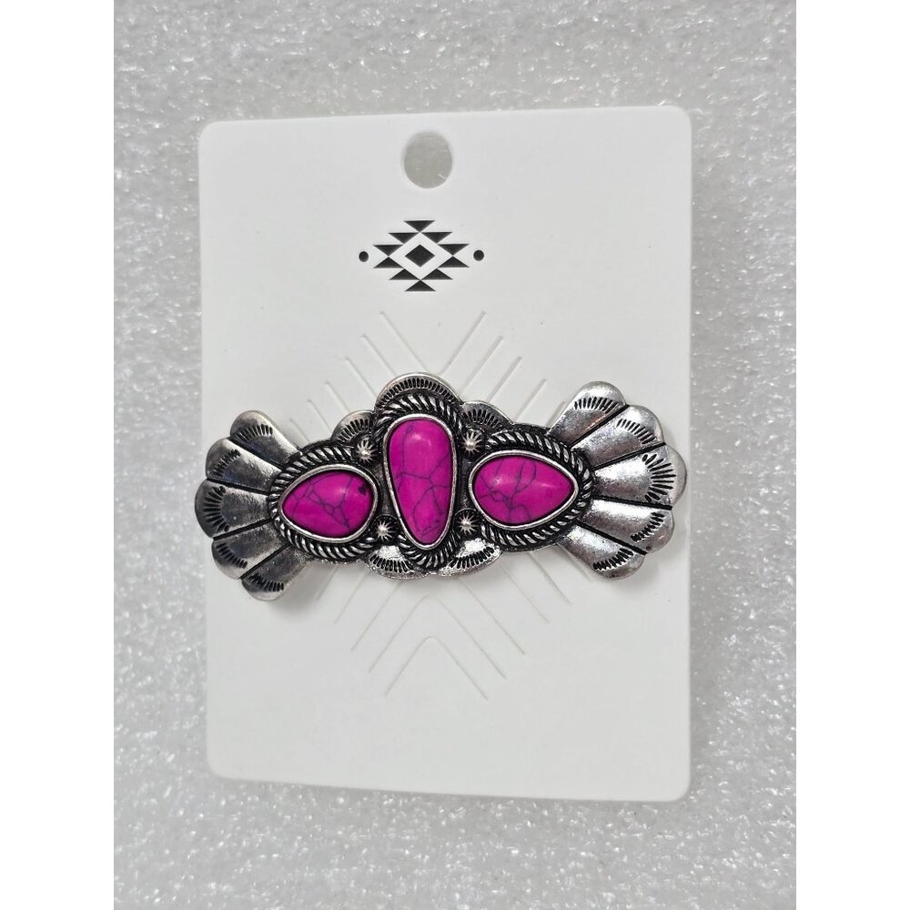Western Silver Tone & Faux Pink Stone Hair Barrette Clip